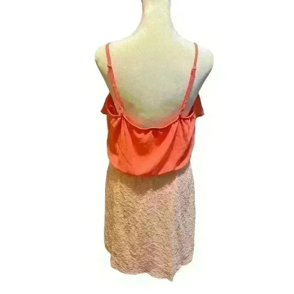 IZ Byer Women's Large V-Neck Coral Pink Flowy Dress with Lace Bottom Sleeveless - Picture 3 of 9